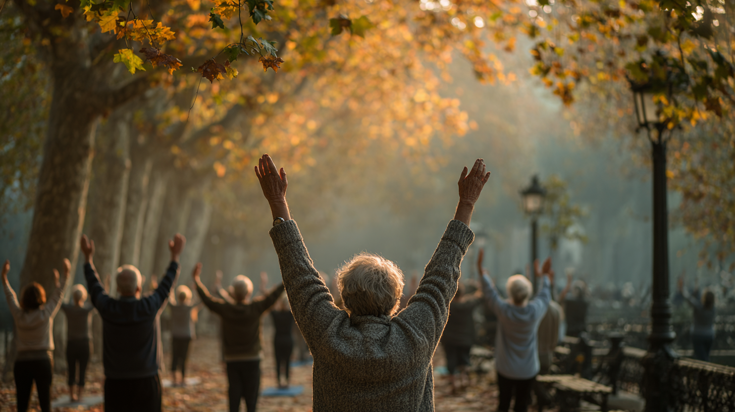 Seniori practicând yoga în parc